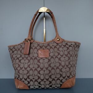 Coach Brown Signature Canvas Tote with Leather Accents